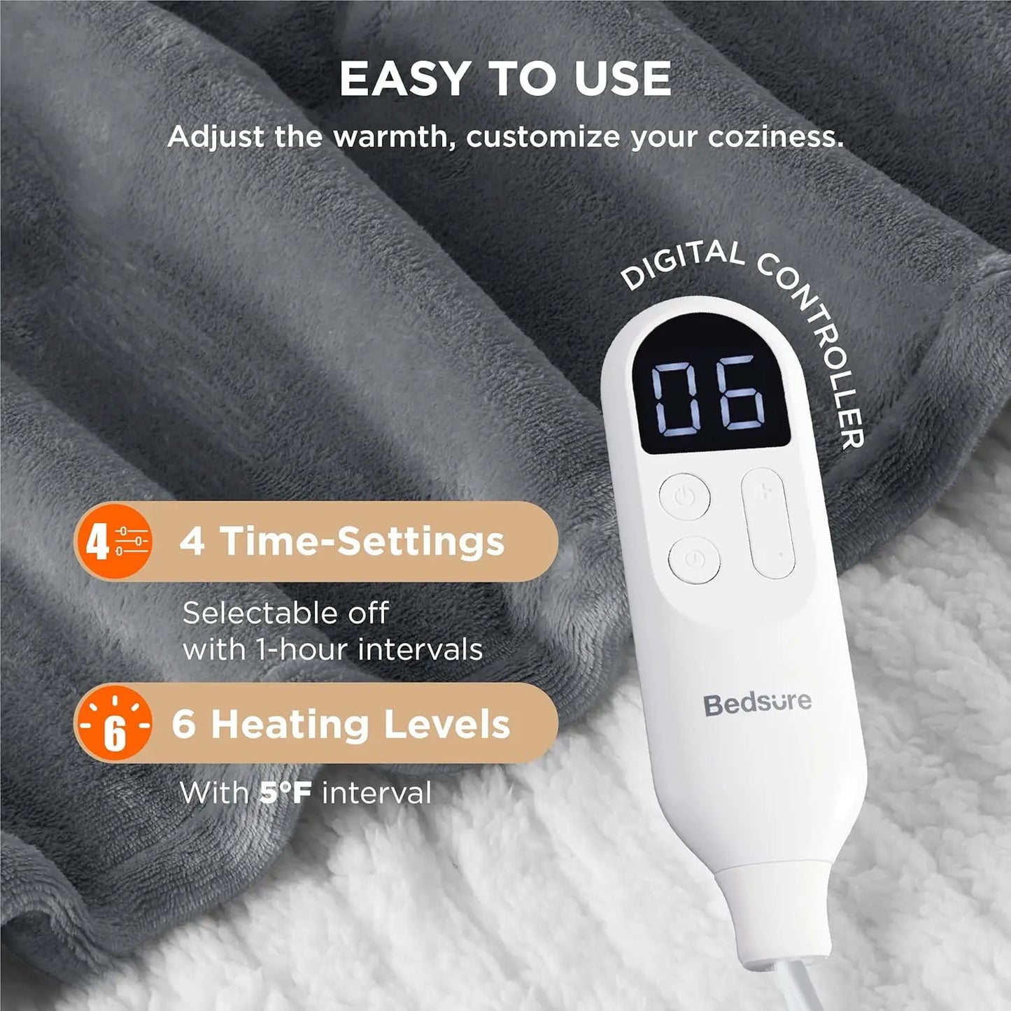 Fast Heating Electric Throw Blanket, 4 Time & 6 Heat Settings, Soft Flannel for Seniors (50x60", Grey)