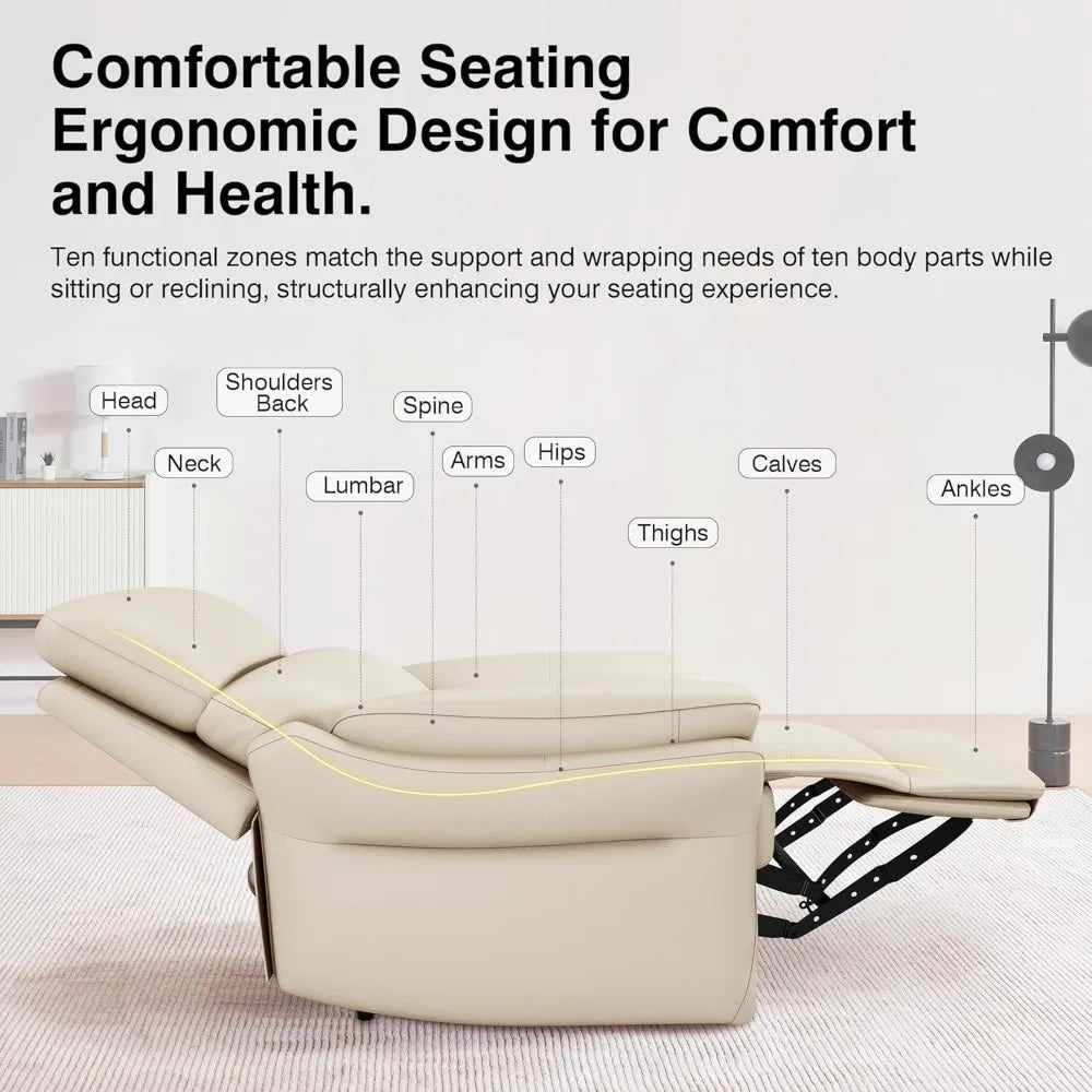 Genuine Leather Recliner Chair, Top Grain Italian Water-Washed, Lazy Boy Style for Living Room Theater Bedroom, Beige