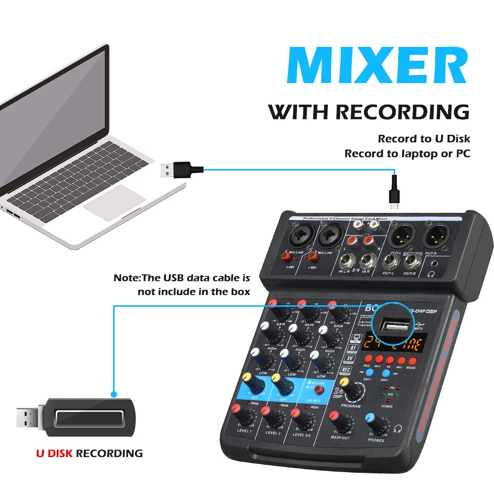 BBOMGE 4 Channel 24 DSP DJ Audio Sound Mixer Interface Mixing Console Desktop Karaoke with MP3 Input USB Bluetooth Input Stereo