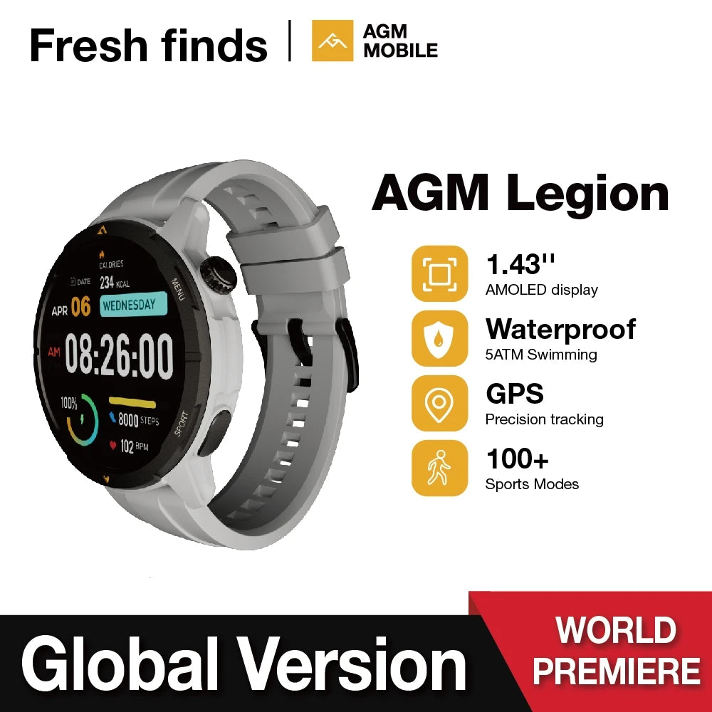 AGM Legion Smartwatch 5ATM Waterproof 1.43"AMOLED Display Heart Rate Blood Oxygen 100+ Sports Modes GPS Compass