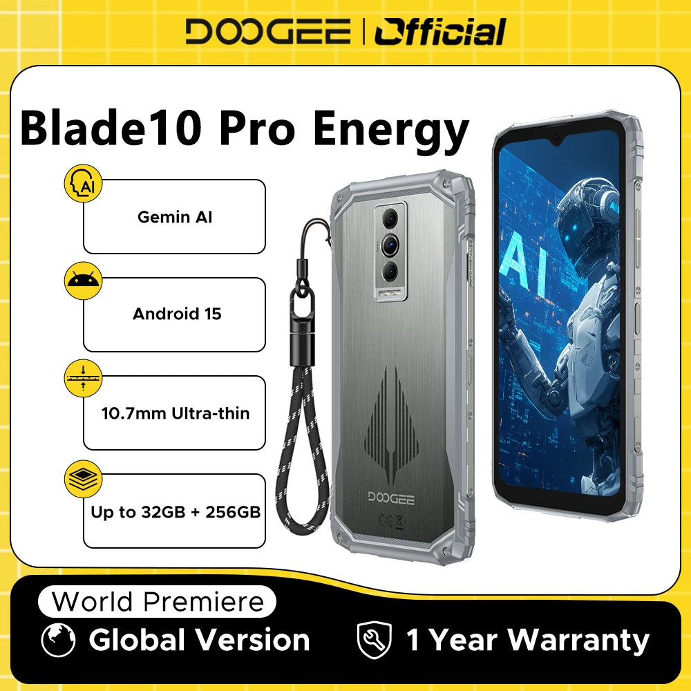 DOOGEE Blade10 Pro Energy Rugged Phone 6.56'' Screen 10.7mm Ultra-thin 6GB RAM 256GB ROM 6150mAh Battery Android 15  Smartphone