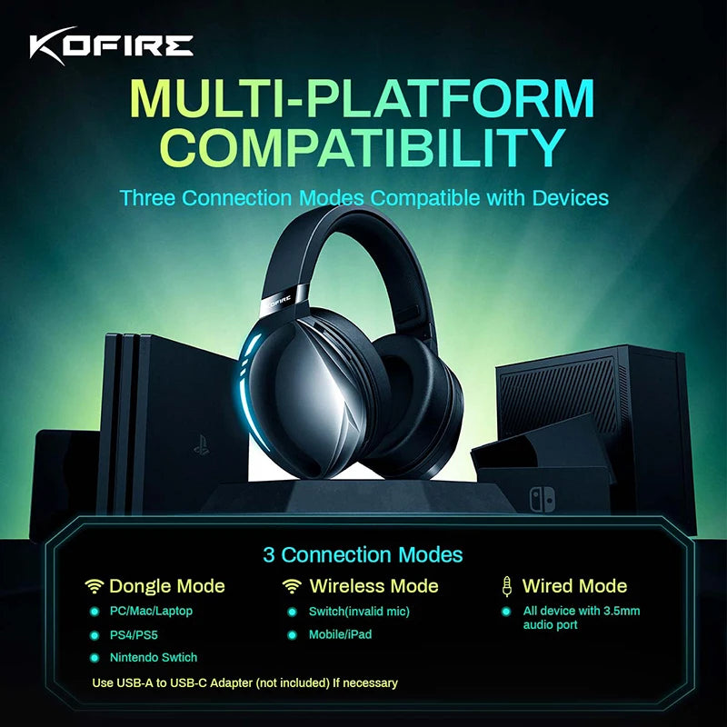 Kofire UG-06 Gaming Headset Low Latency 2.4G Bluetooth Wireless Headphones with Mic RGB Gradient Light Wired for PC PS5 Switch