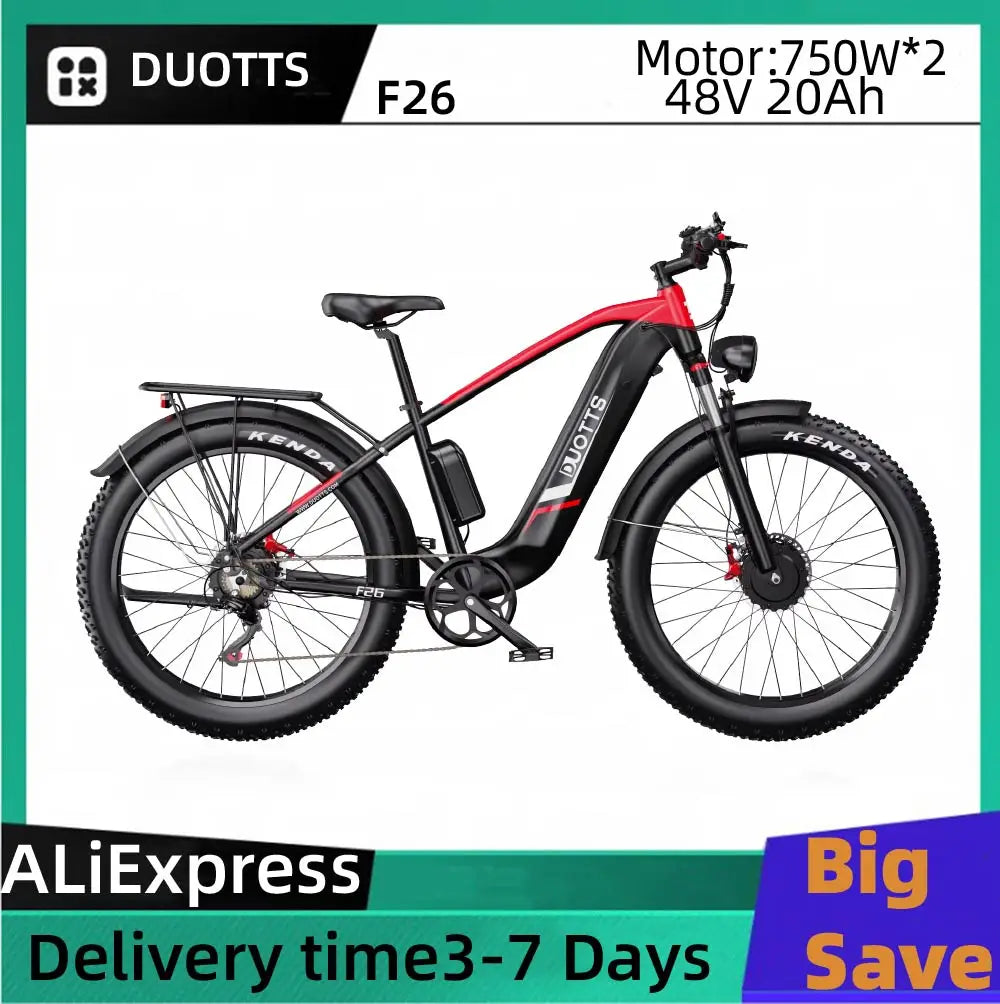 DUOTTS F26 Hydraulic Disc Brakes E-Mountain Bike For Adult 48V 20Ah Battery Dual Motor 26" Fat Tire Off-road Electric Bicycle