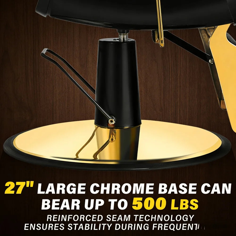 Black Gold Barber Chair, Reclining Salon Chair Hair Stylist, Barber Chairs for Barbershop Supports up to 500lbs, Professional Sa