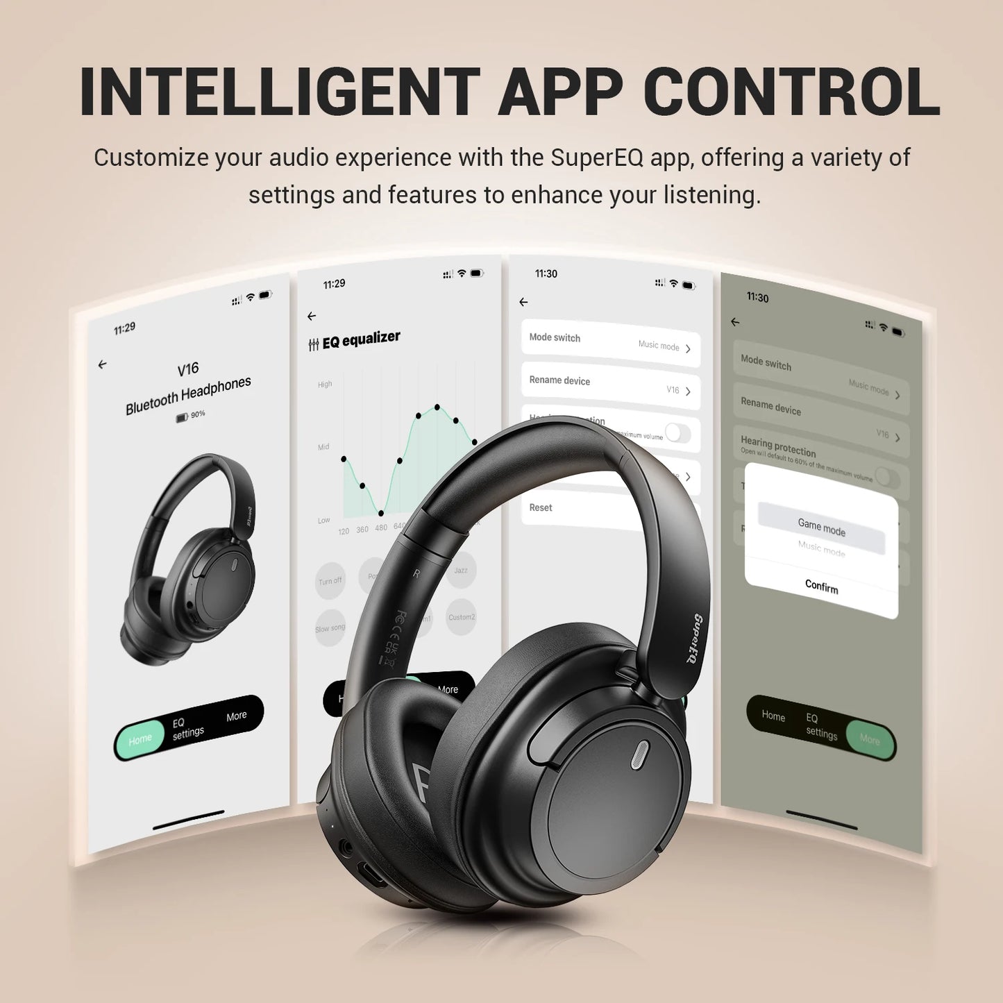 Oneodio SuperEQ V16 Wireless Headphones Bluetooth 5.3 Over Ear Headset With Mic Bass/Pop Mode Hi-Res Foldable Headphones 90H APP