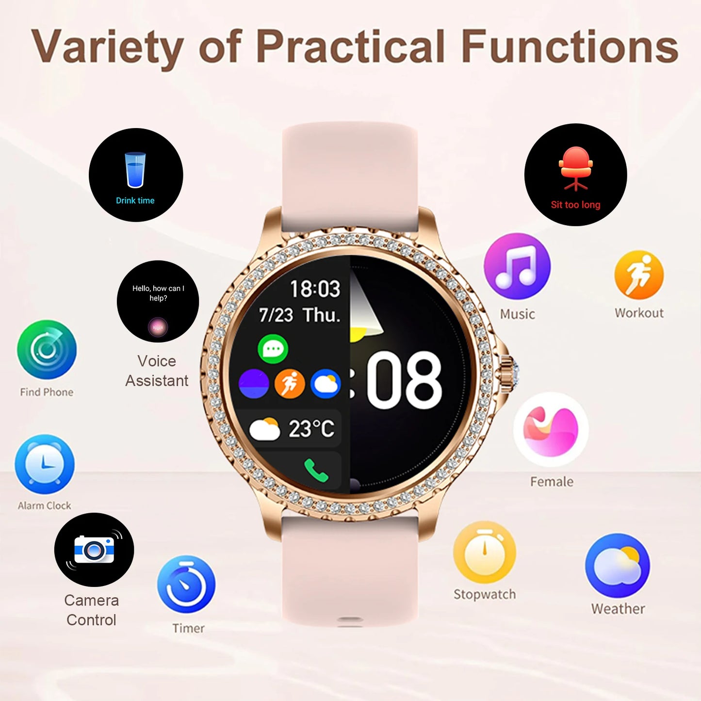 Smart Watch For women - 1.32" Touchscreen Fitness Tracker with Wireless Calls, Music Time Display, Step Counting