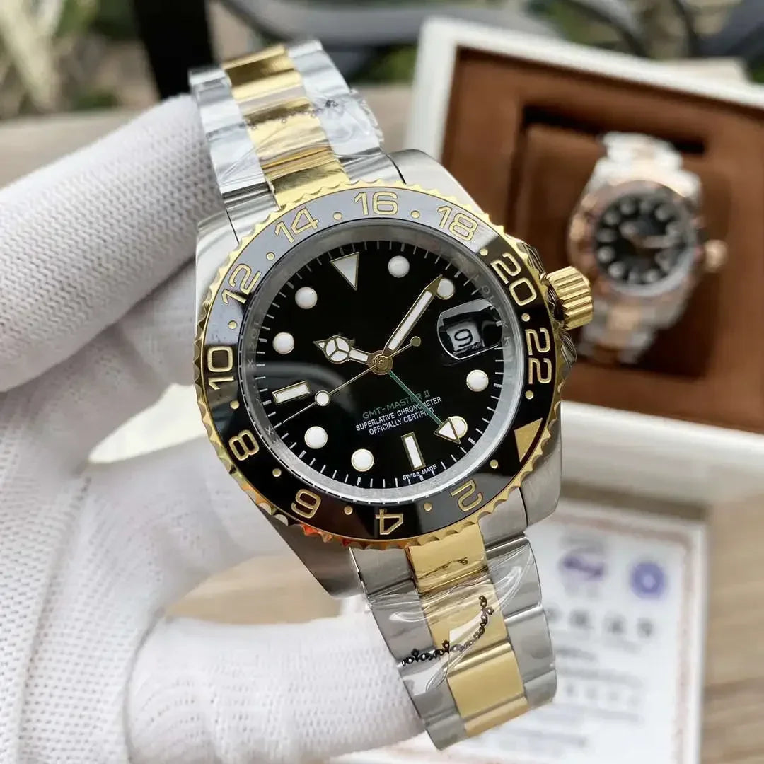 40mm Yellow Gold NH34 GMT Automatic Watch For Men Ceramics Grey Black Bezel Sapphire Glass Luminous Dial Waterproof