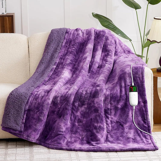 Faux Fur Sherpa Heated Electric Blanket Throw, 5 Timer & 10 Heat Levels, Purple 50x60 Inch for Sofa Bed Winter Warmth