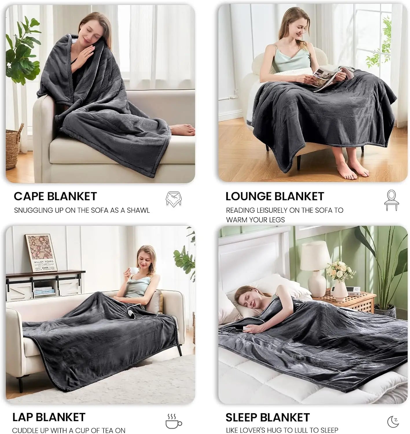 Electric Heated Blanket, Fast Heating with 6 Levels & Auto Off, Soft Flannel & Sherpa Throw 50x60 Inches - Grey