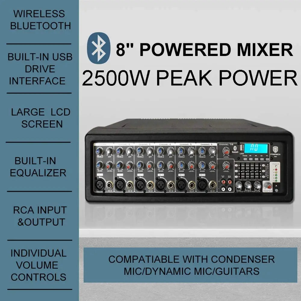 PRORECK Powered MX15 15inch 2500W Bluetooth PA System Mixer/Amp with Stands/Mic Effect Controller 48V Phantom Power, DJ SET