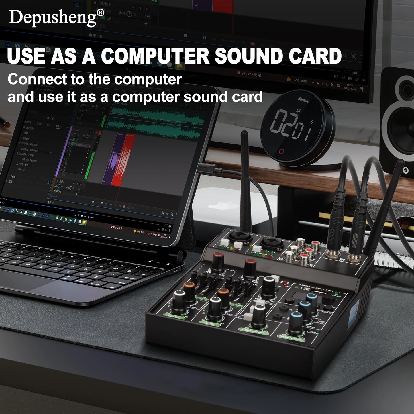 Audio Mixer 4 Channel High Power Amplifie Sound mixing with Microphone Depusheng UF4-M Digital Board Console for Karaoke Stage