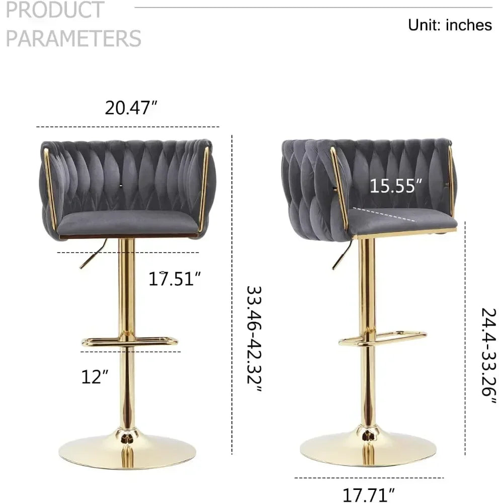 Velvet Bar Stools Set of 4 - Modern Adjustable Swivel Counter Height Chairs with Woven Back, Kitchen Island Chairs