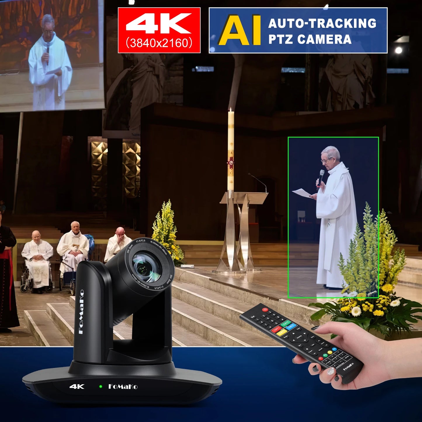 FoMaKo 4K PTZ Camera HDMI AI Auto-Tracking PTZ Camera 4K 20X Optical Zoom(3pcs), PTZ Controller PoE for Church Worship Education