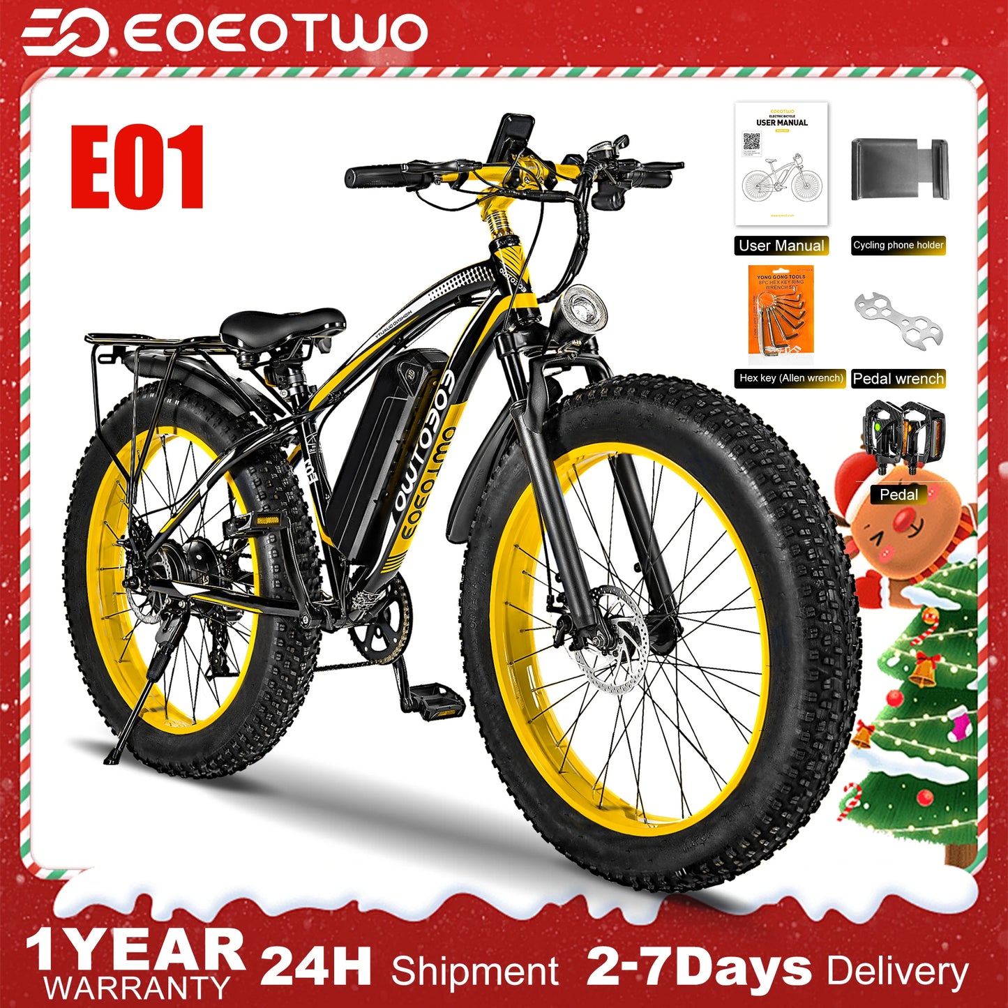 EOEOTWO E01 Electric Bike,26"x4.0 Fat Tire Ebike for Adults,1500W Peak,Electric Mountain Bike,34mph,E Bike + 1 Year Warranty