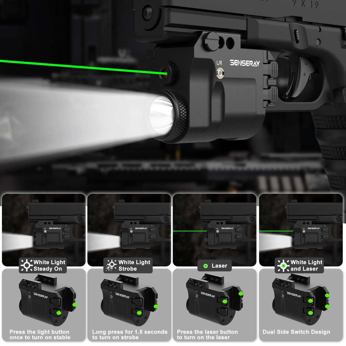 Pistol Light Green Laser Beam Combo Rechargeable Gun Light Strobe Magnetic Charging 1913 Picatinny Rail Mounted Flashlight