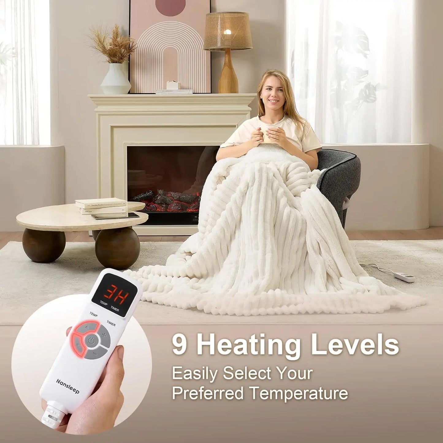 Electric Heated Blanket with 9 Heat Levels, 10-Hour Timer Auto Shut Off, Washable Soft Warm Winter Throw, 50x60 Inches Beige