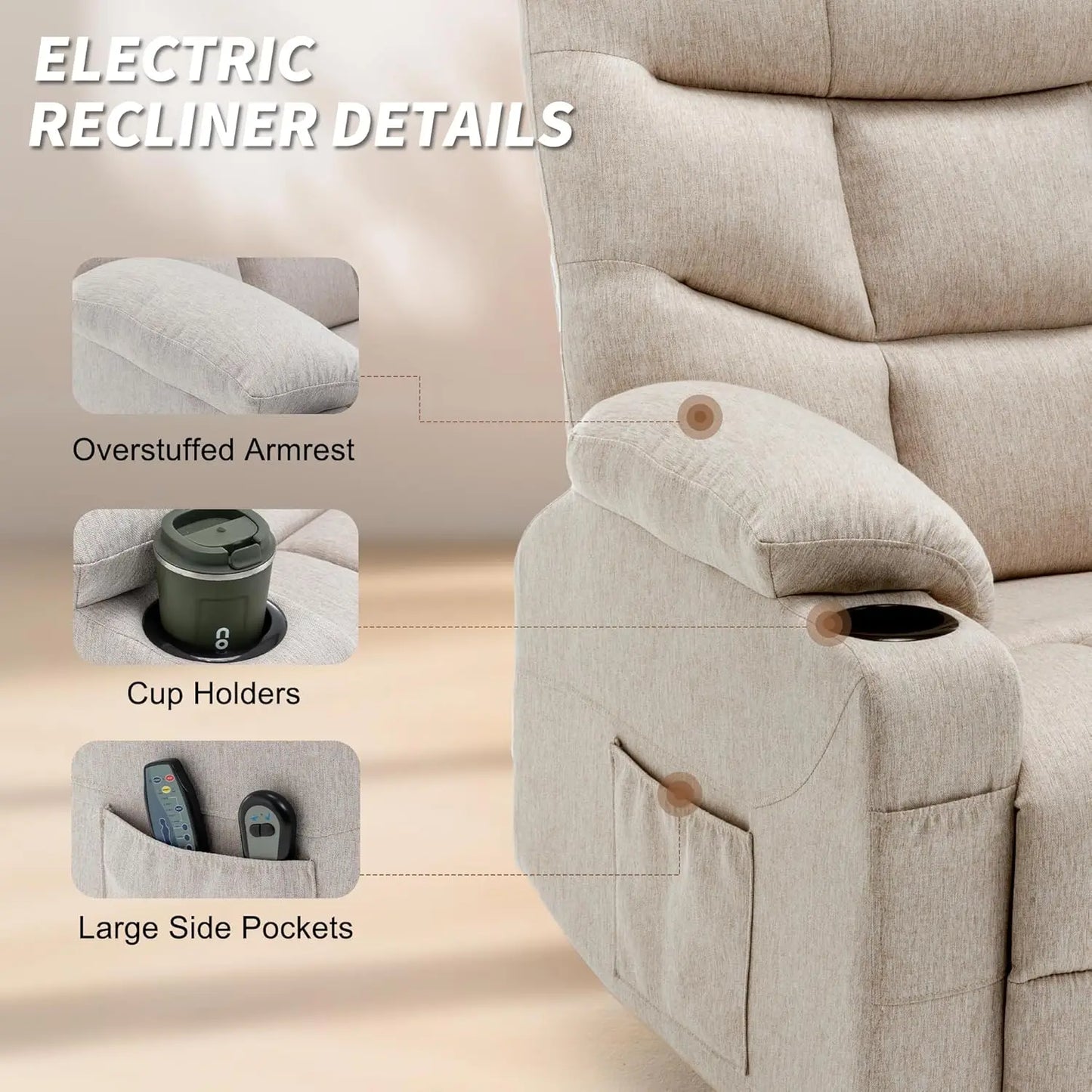 Power Lift Recliner Chair for Elderly and Adults, Electric Recliner with Remote Control and Cup Holders for Living Room