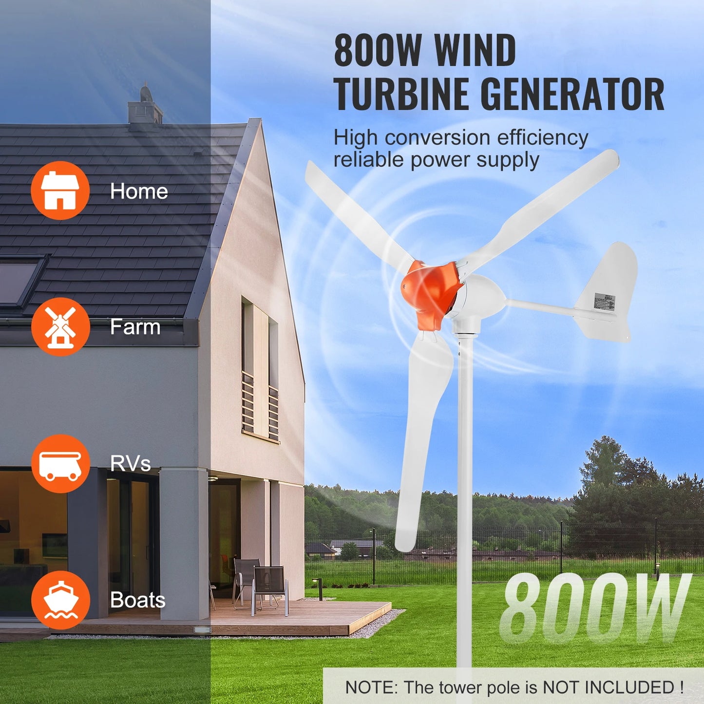 SucceBuy 500W/800W Wind Turbine Generator 12V Wind Turbine Kit Wind Power Generator with MPPT Controller for Home Farm RVs Boats