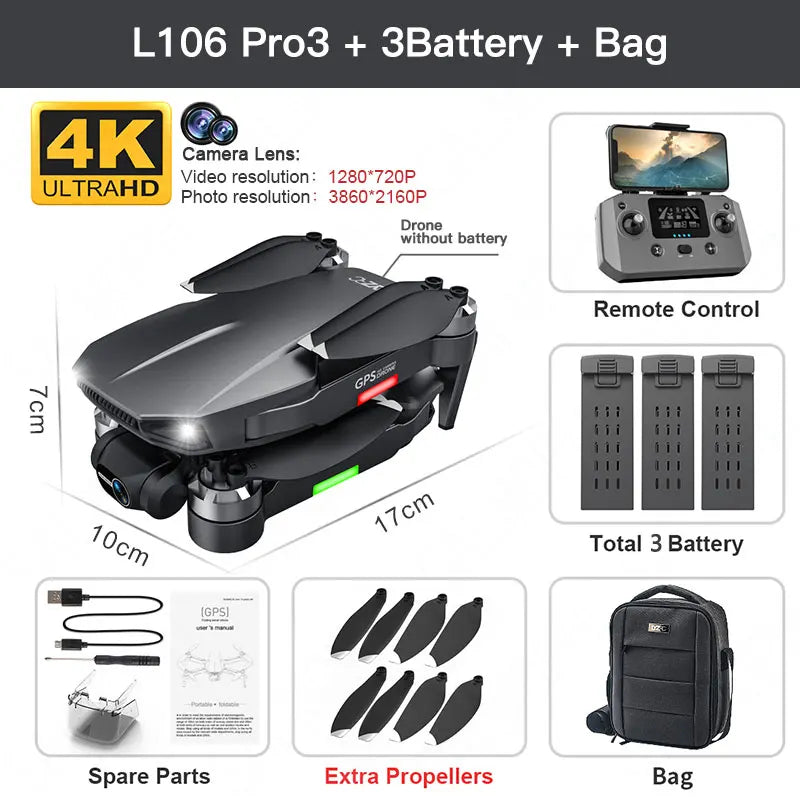L106 Pro 3 Drone 4K Profesional 3-Axis Gimbal 4K HD Dual Camera 5G GPS Fllow Me Wifi Fpv Brushless Motor Dron RC Quadcopter Toys