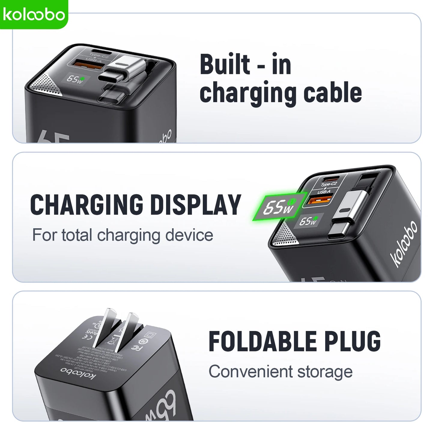 65W GaN Fast Charger Three-Port Charging Head Built-in 80cm Retractable TypeC Cable for iPhone16 15 14 13 Promax Xiaomi Samsung