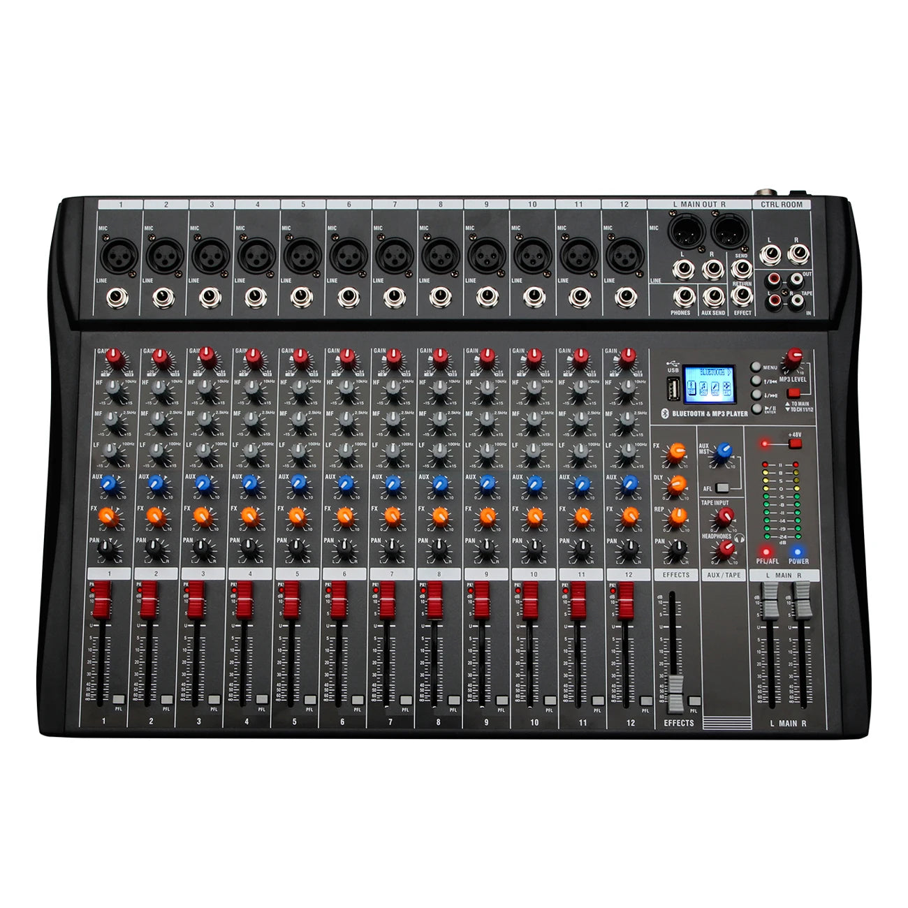 DEPUSHENG DX12 Professional Audio Mixer 12 Channel Studio Audio Console USB MP3 Input 48v Phantom Power DJ Console
