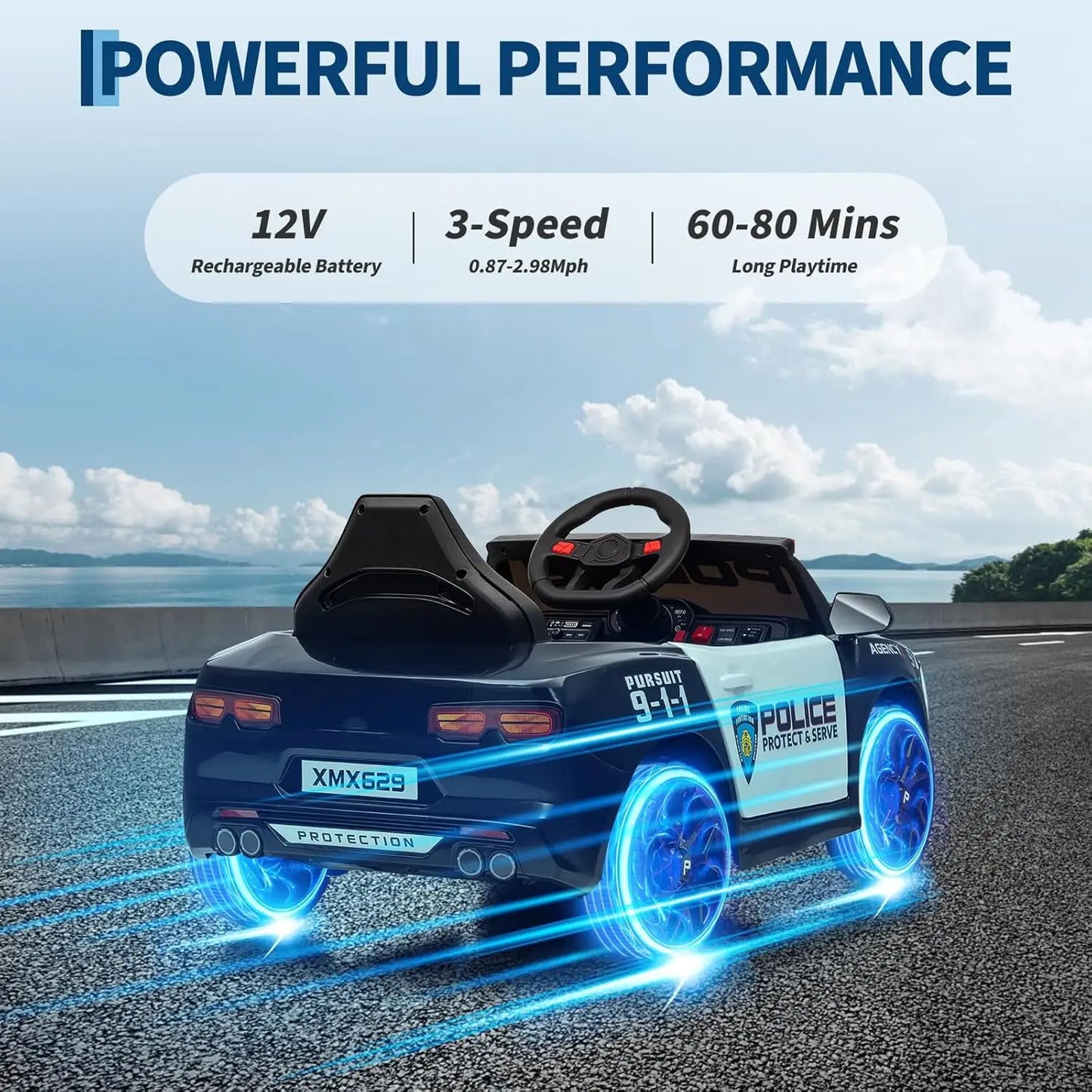 12V Police Car Electric Ride on Vehicle Cop Cars for Big Kids with Remote Control, Emergency Alert Tones, Flashing Lights, Music