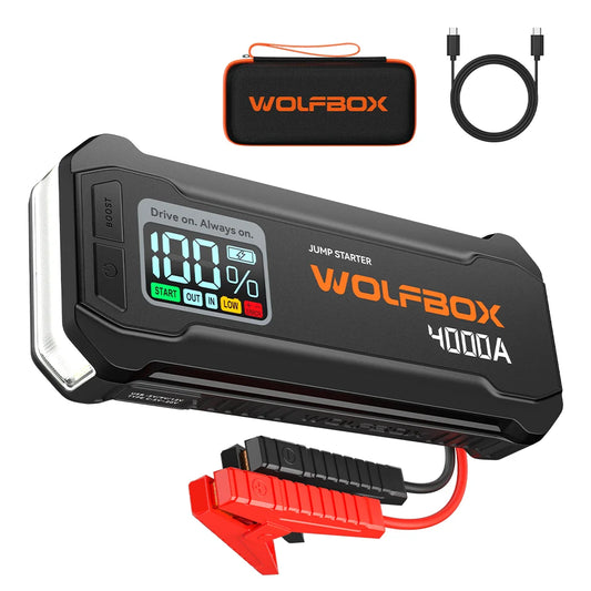 WOLFBOX 4000A Jump Starter,12V Car Battery Jump Starter,65W Quick Charge 24000mAh for 8L Gas 6L Diesel Engine with Booster