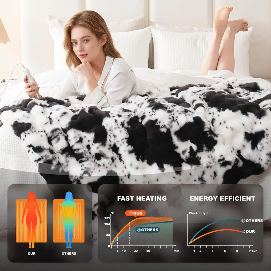 Print Heating Throw Blankets Luxurious Western Soft Bubble Faux Rabbit Fur 8 Heat Settings Overheat Protection Quick Heating Ele