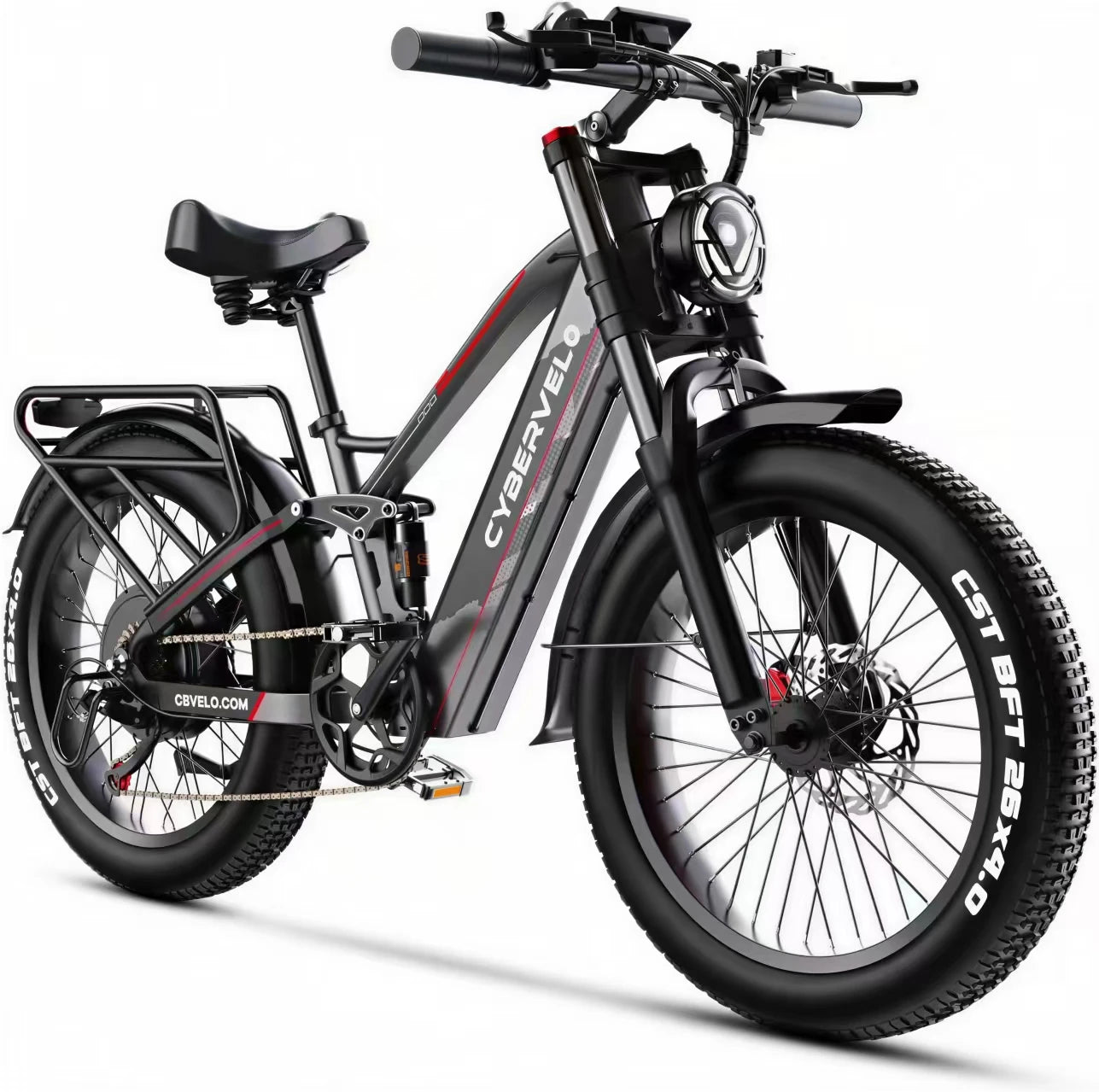 Cybervelo 26“ x 4.0“ Fat Tire All Terrain Electric Bike, 5000w Peak Motor, 52V 40Ah Built-in Battery 7-Speed Adult E-Bicycle EK9