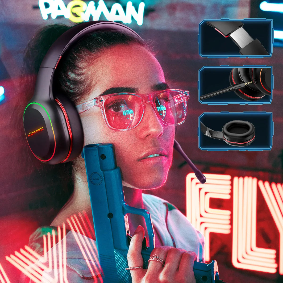 Kofire UG-05 Gaming Headphones 2.4G BT5.0 Wireless Headset With Mic RBG Light Vibration Bluetooth Earphone For PS4 PS5 PC Switch