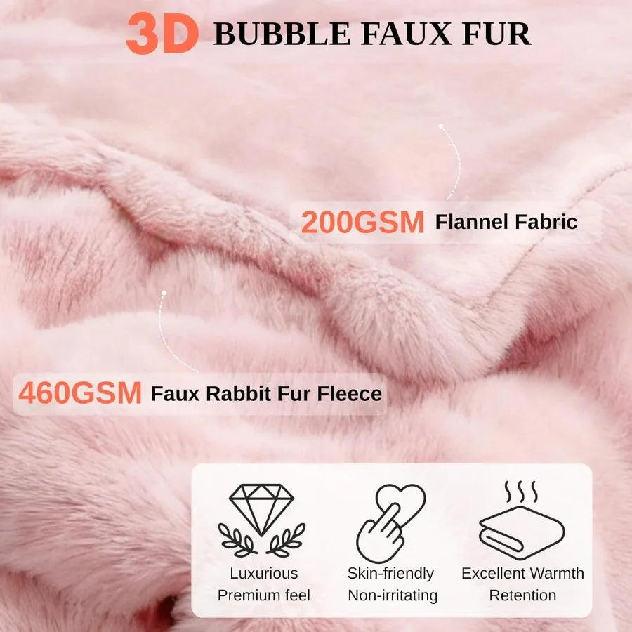 Electric Heated Blanket Throw 50"x60" Pink Ultra Soft Luxury Fluffy Faux Rabbit Fur Machine Washable 6 Heat Settings 4 Hours Au