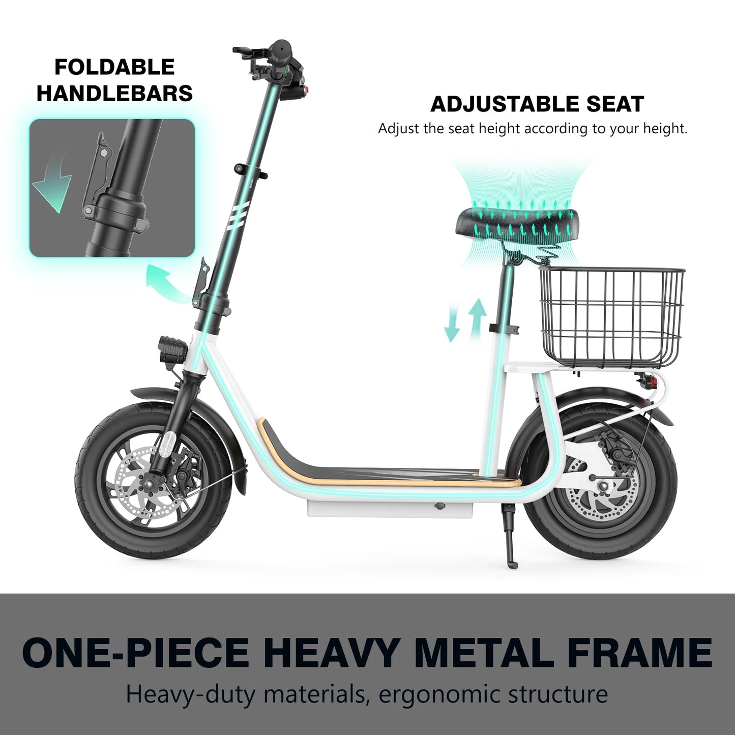 CAROMA Peak 1200W Motor Electric Scooter with Seat,Max 30 Miles Range,Foldable Scooter for Adult Commuting,1 Year Warranty