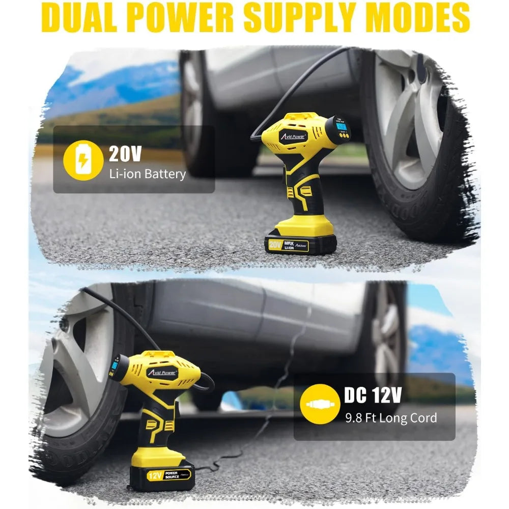 AVID POWER Cordless Tire Inflator Portable Air Compressor, 20V Rechargeable Battery Powered Car Tire Pump w/ 12V DC Adapter,