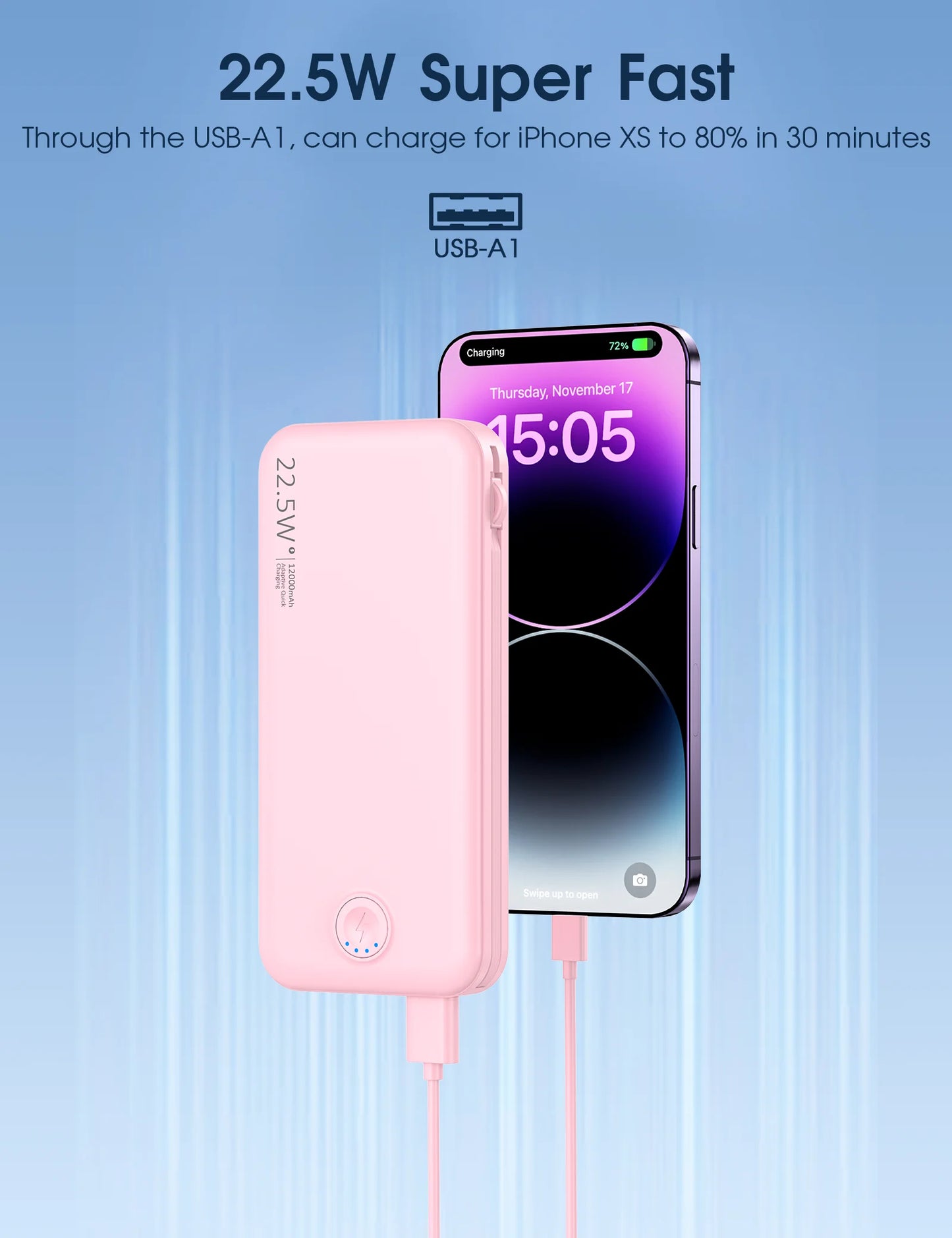 （Pink）Portable 12000mAh AC Wall Charger Power Bank with Built-in Cables,USB-C Fast Charging,Ultra-Slim Design,Travel Essential