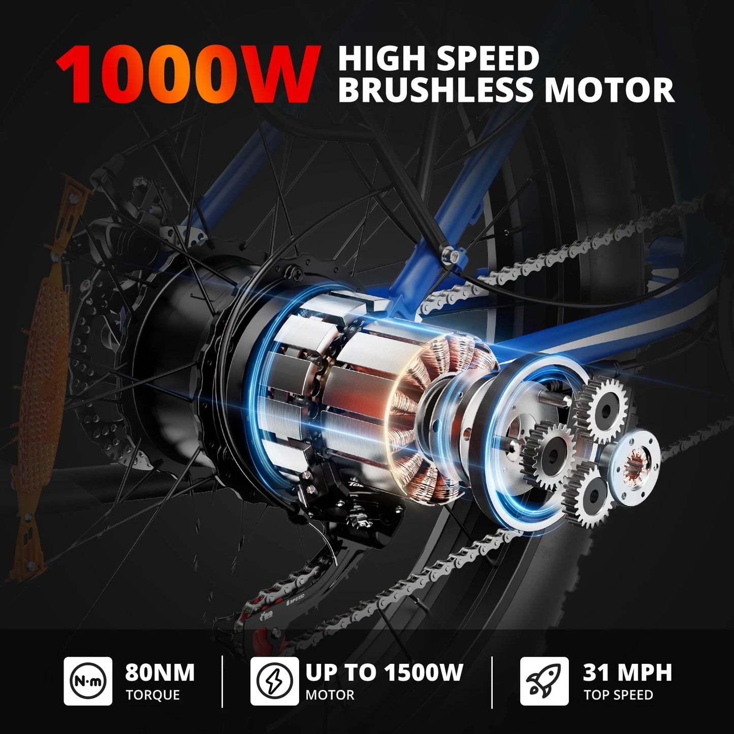 AMYET Electric Bike EB26 Blue Adults Electric Bicycle 28mph Peak 1500W 720WH Ebike 26" Fat Tire Mountain Bike Electric Dirt Bike