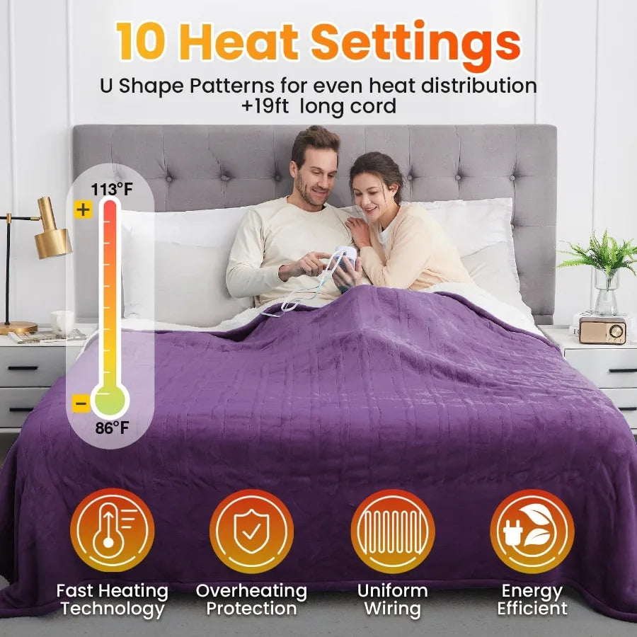 Electric Heated Blanket Twin Size Soft Flannel Fast Heating Blanket Purple Color 62"x 84" 10 Heating Levels and 0.5-12H Auto Of