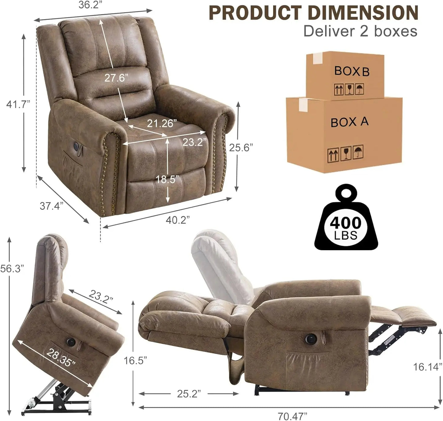 Dual Motor Lay Flat Power Lift Recliner Chair for Elderly, Breathable Leather Large Infinite Position Electric Chairs