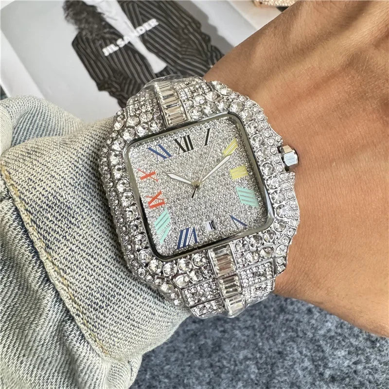 2025 New Luxury Diamond Watch Men Fashion Iced Out Square Colorful Number Watches Hip Hop Bling Jewelry Reloj Hombre for Party
