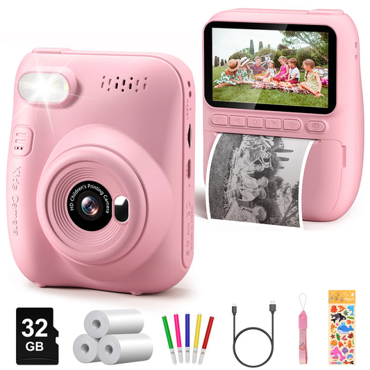 Kids Digital Camera 3.0" Portable Instant Print Camera 32MP HD 1080P Camera Toy Gift For 6-12 Year With 3 Rolls Printer Paper