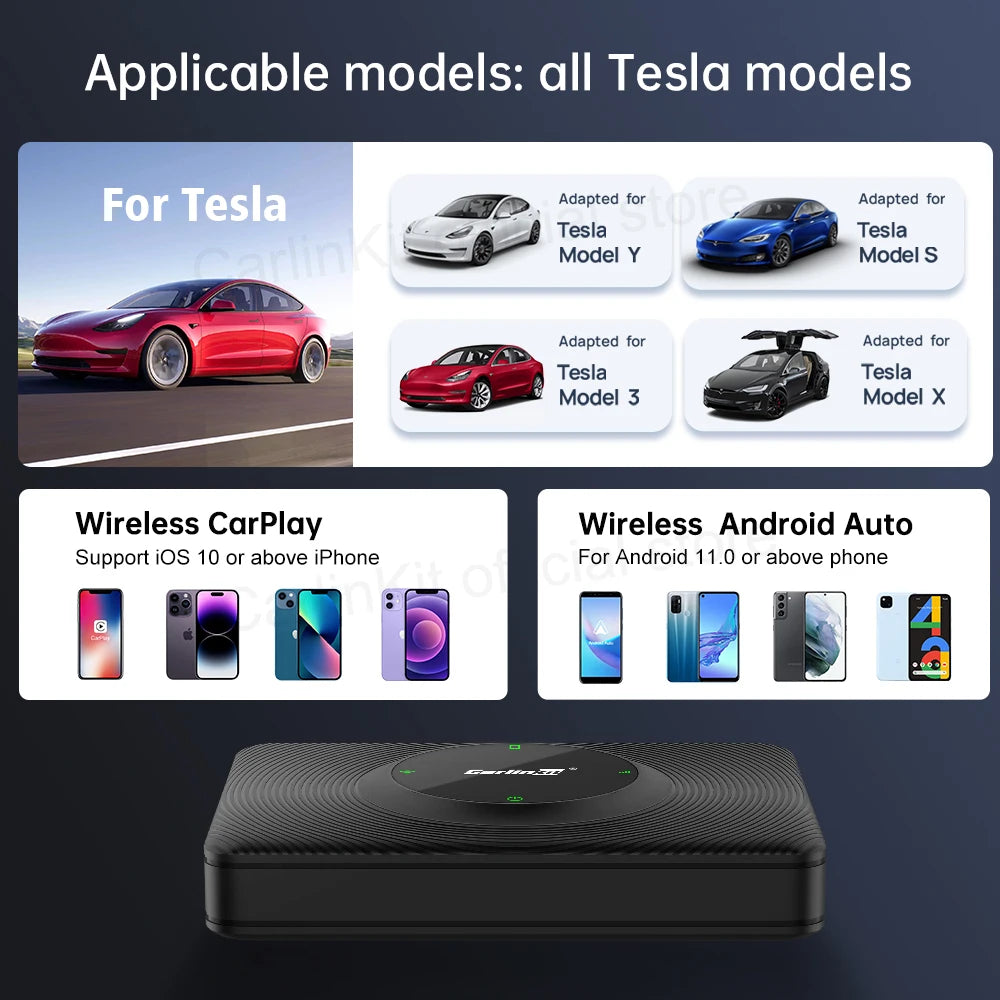 CarlinKit Wireless CarPlay Android Auto For Tesla Model 3 Model X Y Model S Auto Connect Siri Voice Assistant Spotify Waze 5G BT