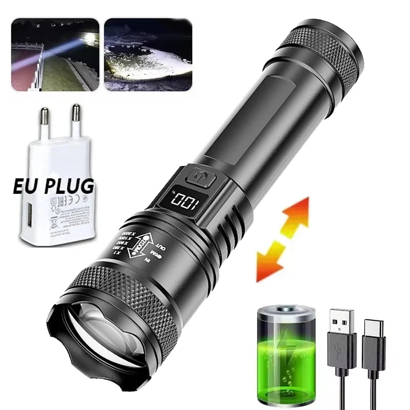 High-power Led Flashlight USB Rechargeable Torch with Display Zoomable Light with Battery Camping Hiking Lantern Emergency 2027