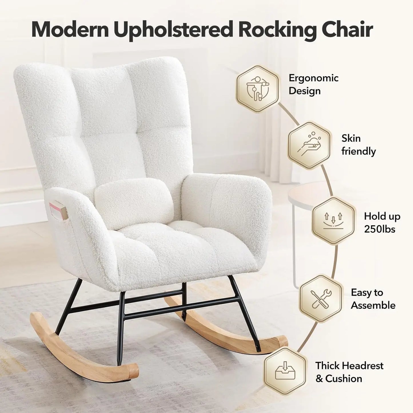 Modern Upholstered Nursery Rocking Chairs, with Side Pocket High Back Teddy Boucle Rocker Chair, Rocking Chair Backrest for Livi