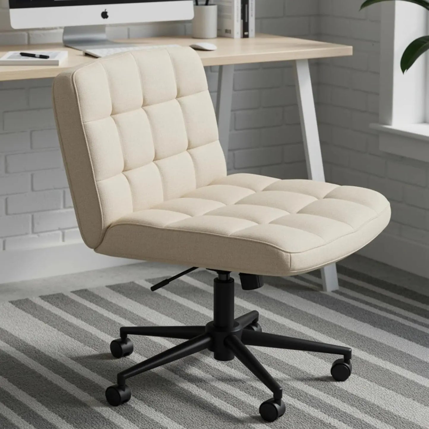Criss Cross Legged Chair,Wide Comfy Office Desk Chair,Dual-Use with Wheels Computer Task Chair,Swivel Armless Vanity Rolling