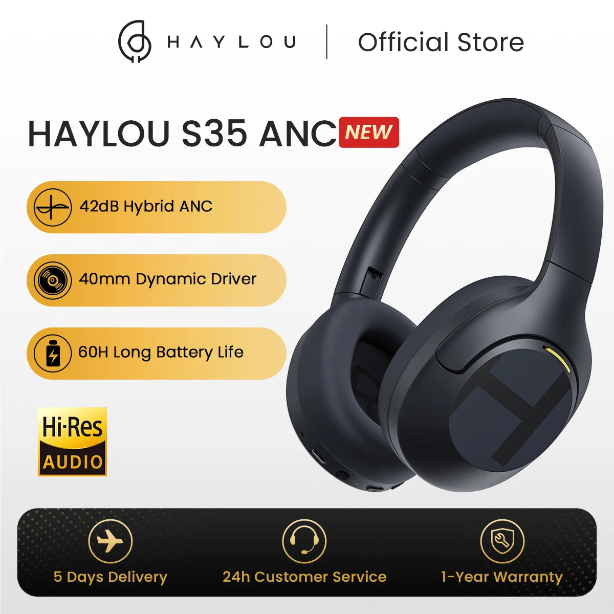 HAYLOU S35 ANC Wireless Bluetooth Headphones 42dB ANC ENC Over-ear Headphone Noise Cancellation 60H Playtime Earphones Men Women