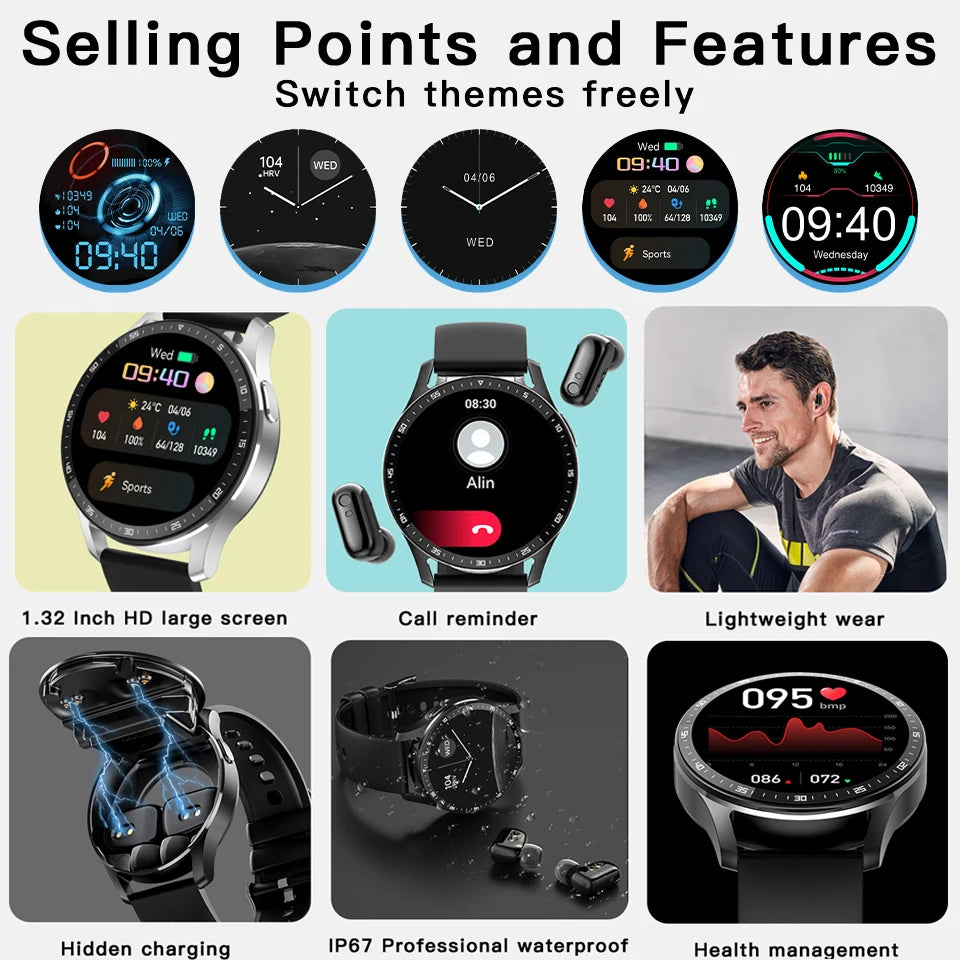 2024 New X10 New Men BlueTooth Headset watch two in one 360*360HD Full Touch Screen SmartWatch Heart Rate Testing Music Watch