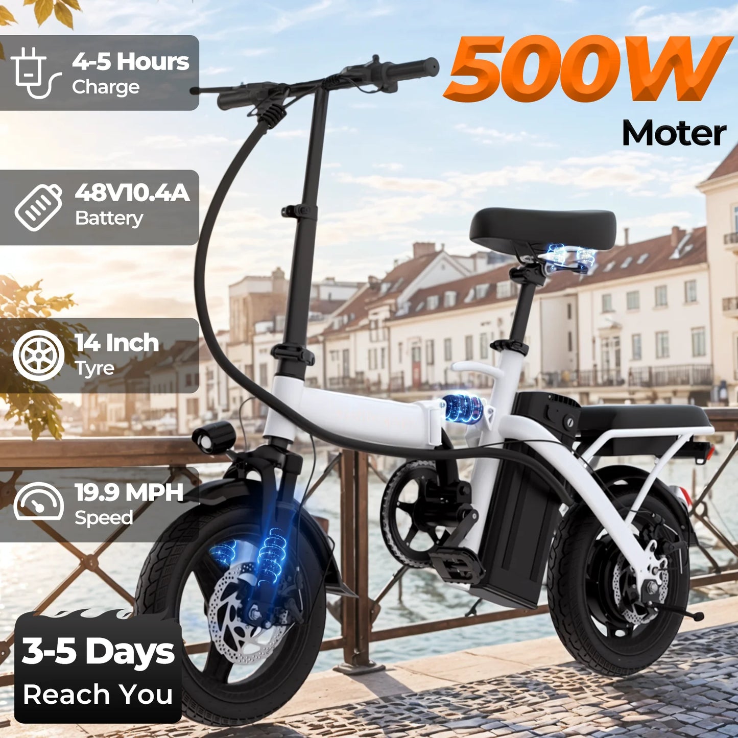 14-inch electric bike, easy to fold, adult commuter electric bike, 500W motor, removable battery, 20-mile maximum range