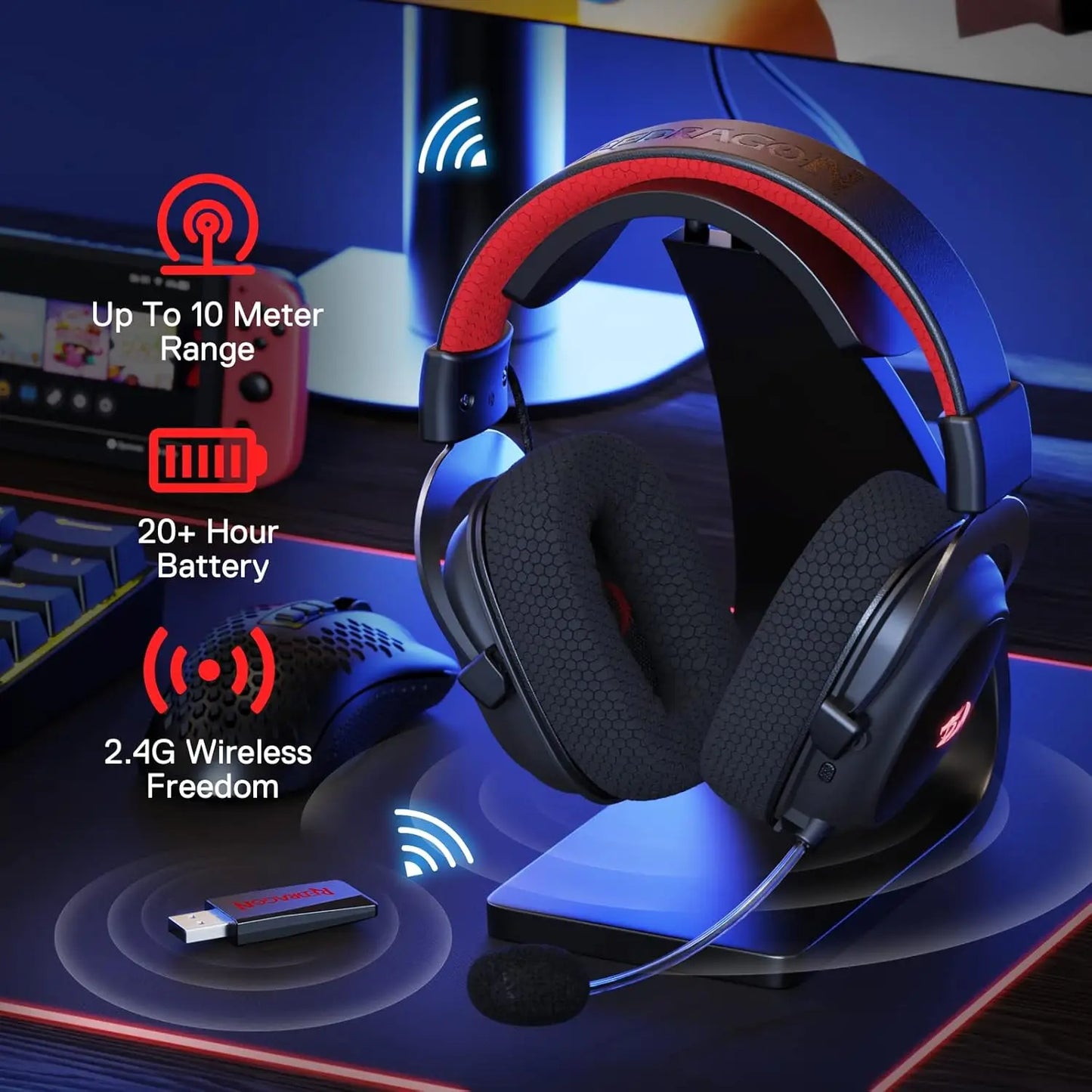 Redragon H510 PRO Zeus-X RGB Wireless Gaming Headset 7.1 Surround Sound 53MM Audio Drivers  Multi Platforms Headphone