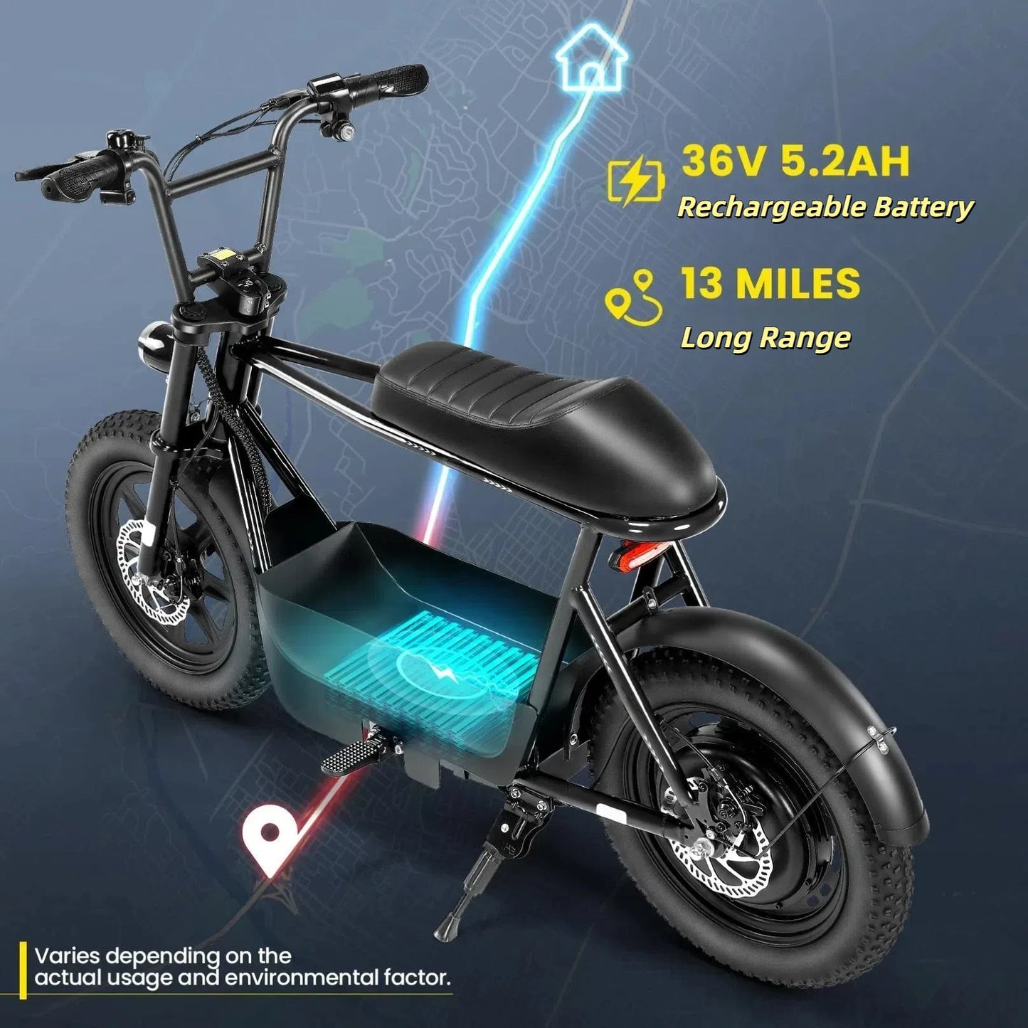 Peak 819W Electric Scooters with Seat for Adults, 16" Fat Tire for All-Terrain, Commuter Ebike for Teens, with Carry Basket
