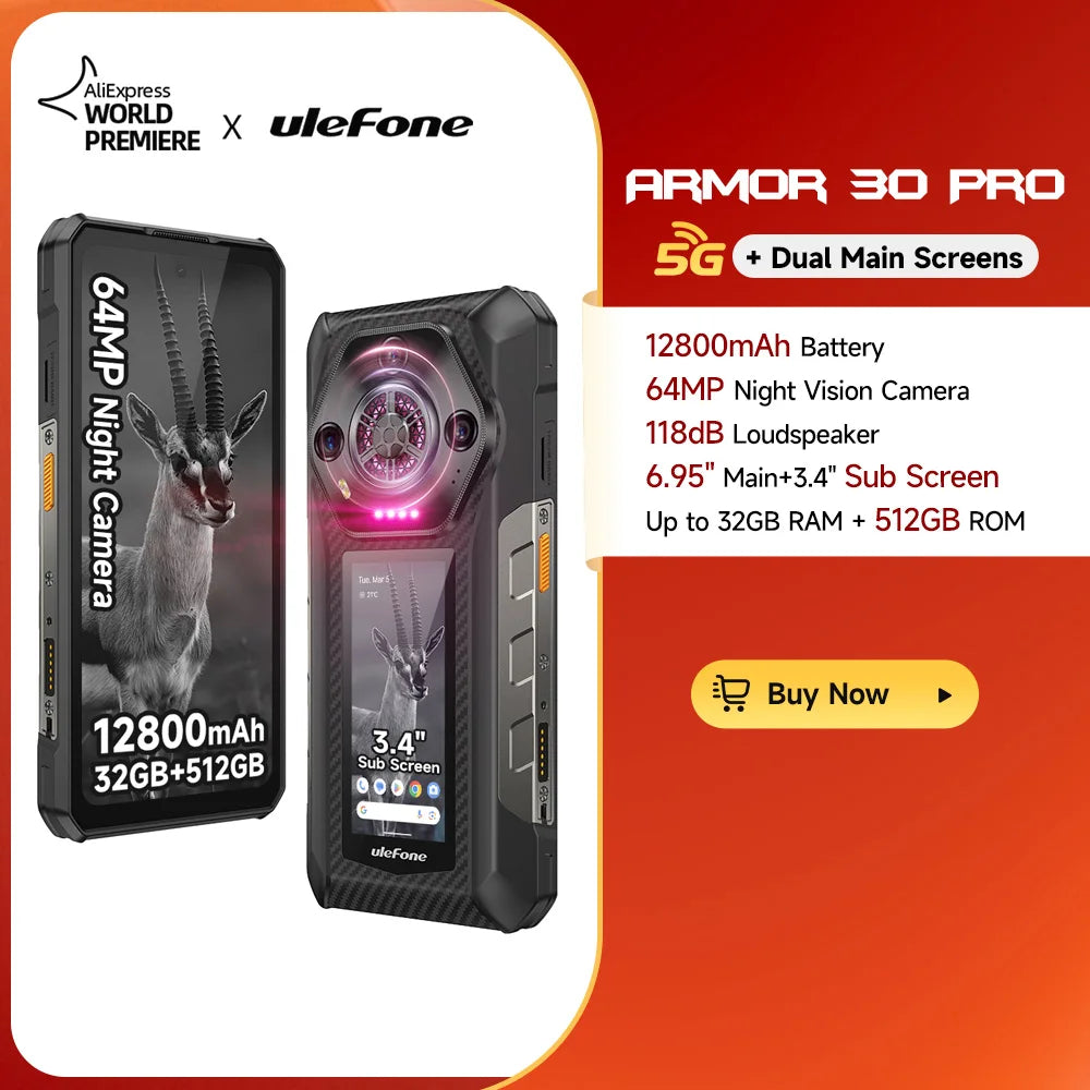 Ulefone Armor 30 Pro 5G Rugged Phone Android 14 Smartphone 6.9" 120Hz 32GB+512GB 12800mAh Night Camera 64MP NFC 66W