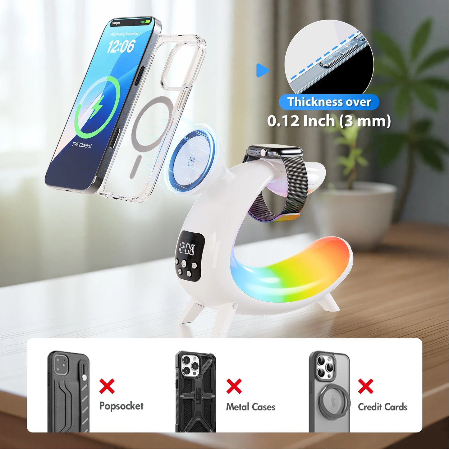 Magnetic Wireless Charger 6 in 1 Multifunction Stand Speaker Bluetooth Clock Colorful Nightlights for iPhone 17 16 15 Samsung